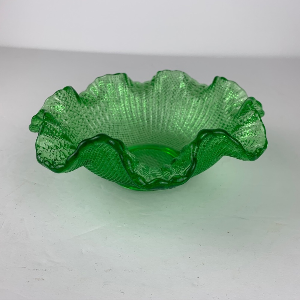 Fenton Green Double Ruffle Candy Dish